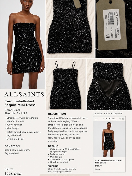 All Saints Dresses & Skirts - AllSaints Black Sequin Strapless Mini Dress